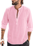 Mens Linen Henley Shirt Casual Long Sleeve T-Shirt Summer Beach Plain Tee Tops