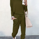 Casual Solid Two-piece Set. Long Sleeve T-shirt & Drawstring Pants Outfits. Women's Clothing