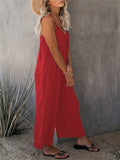 Boho Spaghetti Ruched Jumpsuit. Casual Sleeveless Long Length Wide Leg Jumpsuit. Women's Clothing