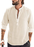 Mens Linen Henley Shirt Casual Long Sleeve T-Shirt Summer Beach Plain Tee Tops