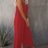 Boho Spaghetti Ruched Jumpsuit. Casual Sleeveless Long Length Wide Leg Jumpsuit. Women's Clothing