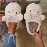 Cute Cartoon Fuzzy Home Slippers, Bowknot Decor Slip On Soft Sole Flat Warm Shoes, Plush Winter Cozy Shoes