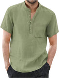 Men's Casual Cotton Linen Solid Color Short Sleeve Shirts Loose Stand Collar Shirts