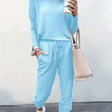 Casual Solid Two-piece Set. Long Sleeve T-shirt & Drawstring Pants Outfits. Women's Clothing