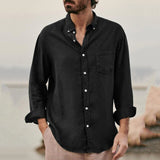 Men's Shirts Loose Cotton Linen Solid Color Long Sleeve Stand Collar Button Retro Sexy Top