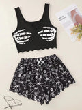 Women's 2pcs Halloween Loungewear Set, Skull Print Tank Top & Lettuce Trim Shorts Pajama Set, Skeleton Graphic Sleeveless Crop Tops & Elastic Waist Shorts PJ Set, Women's Sleepwear for Summer