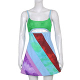 Y2K Women Suspender A-Line Dress Sleeveless Contrast Color U-Neck Cutout Short Bodycon Dress Harajuku Sundress 2023 New