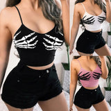 Y2K Gothic Skeleton Hand Print Bodycon Crop Tops Women Sexy V-neck Spandex Spaghetti Strap Sleeveless Harajuku Clubwear Camisole