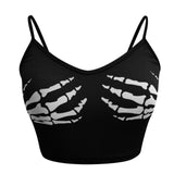 Y2K Gothic Skeleton Hand Print Bodycon Crop Tops Women Sexy V-neck Spandex Spaghetti Strap Sleeveless Harajuku Clubwear Camisole