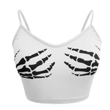 Y2K Gothic Skeleton Hand Print Bodycon Crop Tops Women Sexy V-neck Spandex Spaghetti Strap Sleeveless Harajuku Clubwear Camisole