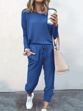 Casual Solid Two-piece Set. Long Sleeve T-shirt & Drawstring Pants Outfits. Women's Clothing