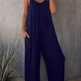 Boho Spaghetti Ruched Jumpsuit. Casual Sleeveless Long Length Wide Leg Jumpsuit. Women's Clothing