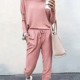 Casual Solid Two-piece Set. Long Sleeve T-shirt & Drawstring Pants Outfits. Women's Clothing