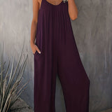 Boho Spaghetti Ruched Jumpsuit. Casual Sleeveless Long Length Wide Leg Jumpsuit. Women's Clothing