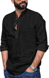 Mens Linen Henley Shirt Casual Long Sleeve T-Shirt Summer Beach Plain Tee Tops