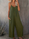 Boho Spaghetti Ruched Jumpsuit. Casual Sleeveless Long Length Wide Leg Jumpsuit. Women's Clothing