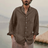 Men's Shirts Loose Cotton Linen Solid Color Long Sleeve Stand Collar Button Retro Sexy Top