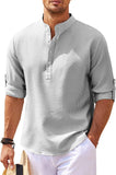 Men's Linen Henley Shirt Long Sleeve Casual Hippie Cotton Beach T Shirts Vertical Striped Hawaiian Shirts