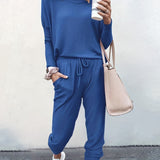 Casual Solid Two-piece Set. Long Sleeve T-shirt & Drawstring Pants Outfits. Women's Clothing