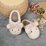 Cute Cartoon Fuzzy Home Slippers, Bowknot Decor Slip On Soft Sole Flat Warm Shoes, Plush Winter Cozy Shoes