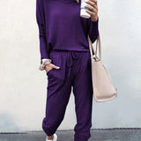 Casual Solid Two-piece Set. Long Sleeve T-shirt & Drawstring Pants Outfits. Women's Clothing