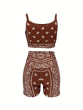 Casual Paisley Print Two-piece Set. Crop Cami Top & Slim Shorts Outfits. Women's Clothing