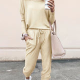 Casual Solid Two-piece Set. Long Sleeve T-shirt & Drawstring Pants Outfits. Women's Clothing