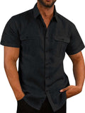 Men's Shirts Double Pocket Cotton Linen Short Sleeve Shirts Casual Vacation Shirts