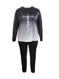 Women's 2 Piece 2023 Plus Size Fashionable Outfits Set Ombre & Cross Letter Print Long Sleeve Round Neck Top & Leggings Outfits