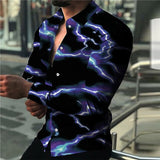 Men's Purple Lighting Print Long Sleeve Button-Down Print Tops