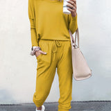 Casual Solid Two-piece Set. Long Sleeve T-shirt & Drawstring Pants Outfits. Women's Clothing