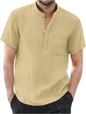 Men's Casual Cotton Linen Solid Color Short Sleeve Shirts Loose Stand Collar Shirts