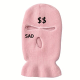 1pc 3 Holes Embroidered Ski Mask SAD & Dollar Sign Knitted Hat For Outdoor Skiing Cycling Gift For Men And Women