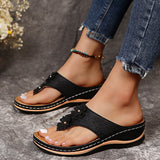 Women's Arch Support Flower Flip Flops, Solid Color Open Toe Non Slip Thong Slippers, Casual Retro Outdoor Slides Shoes