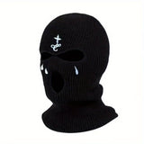 1pc Fashion Embroidered Knitted Ski Mask Winter Balaclava 3 Hole Knitted Ski Neck Warmer Warm Knitted Hat