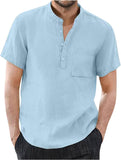 Men's Casual Cotton Linen Solid Color Short Sleeve Shirts Loose Stand Collar Shirts