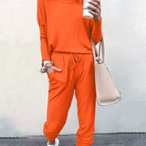 Casual Solid Two-piece Set. Long Sleeve T-shirt & Drawstring Pants Outfits. Women's Clothing