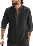 Mens Linen Henley Shirt Casual Long Sleeve T-Shirt Summer Beach Plain Tee Tops