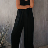 Boho Spaghetti Ruched Jumpsuit. Casual Sleeveless Long Length Wide Leg Jumpsuit. Women's Clothing