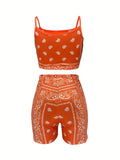 Casual Paisley Print Two-piece Set. Crop Cami Top & Slim Shorts Outfits. Women's Clothing