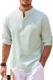 Men's Linen Henley Shirt Long Sleeve Casual Hippie Cotton Beach T Shirts Vertical Striped Hawaiian Shirts