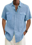 Men's Shirts Double Pocket Cotton Linen Short Sleeve Shirts Casual Vacation Shirts