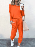 Casual Solid Two-piece Set. Long Sleeve T-shirt & Drawstring Pants Outfits. Women's Clothing