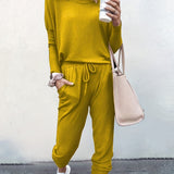 Casual Solid Two-piece Set. Long Sleeve T-shirt & Drawstring Pants Outfits. Women's Clothing